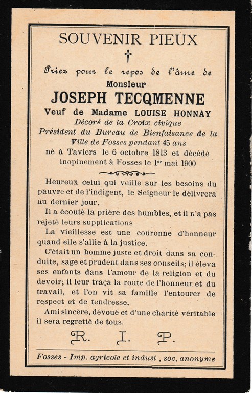 Souvenir pieux - Joseph Tecqmenne (Veuf de Louise Honnay)