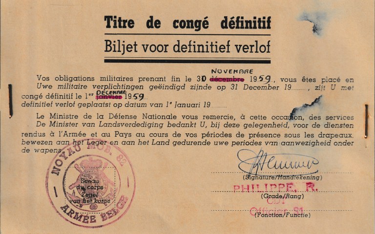 Titre de congé définitif - Alfred Dufrasne
