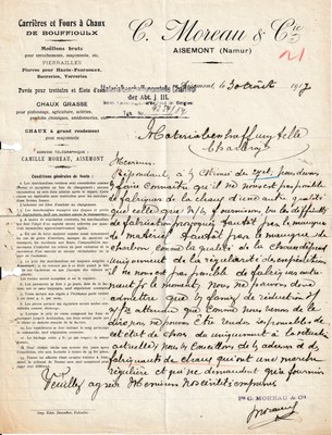 Courrier de 1917, adressé par les Carrières Moreau (Aisemont) à l'administration allemande