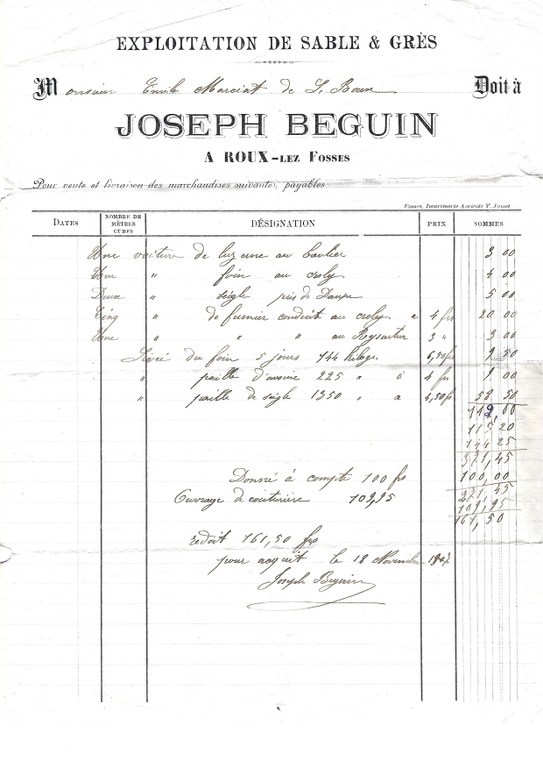 Facture de Joseph Beguin