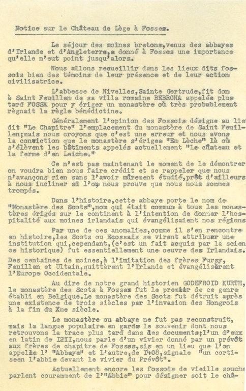 Notice sur le Château de Lège à Fosses