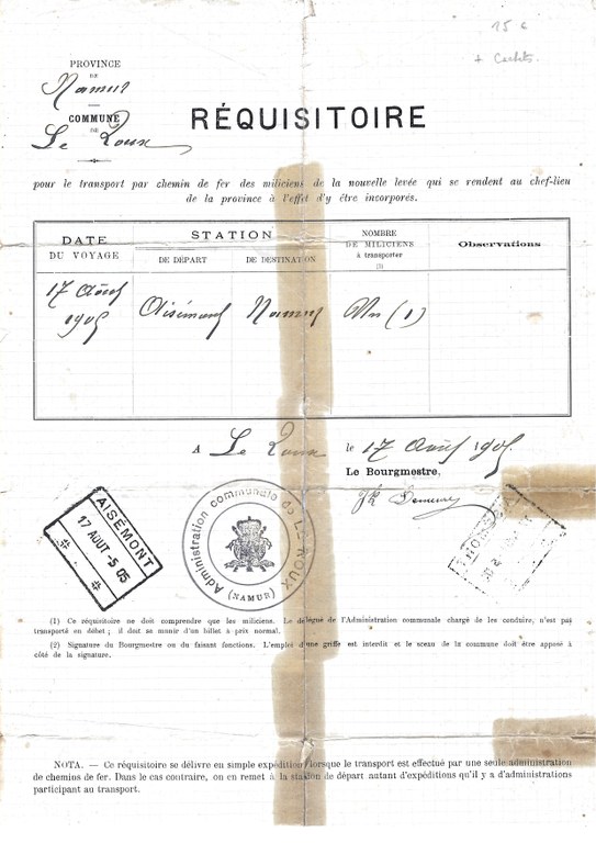 Ordre de réquisition pour la levée des miliciens en 1905