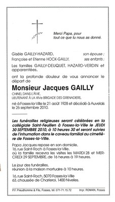 Faire-part mortuaire de Jacques Gailly