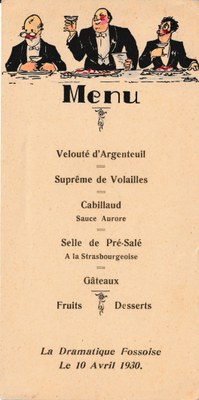 Menu du Souper de la Dramatique fossoise du 10 avril 1930