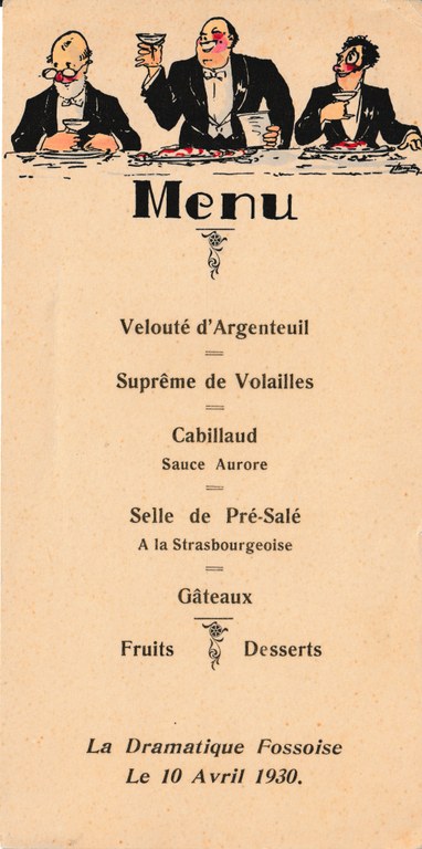 Menu du Souper de la Dramatique fossoise du 10 avril 1930