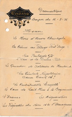 Menu du Souper de la Dramatique fossoise du 13 mars 1935