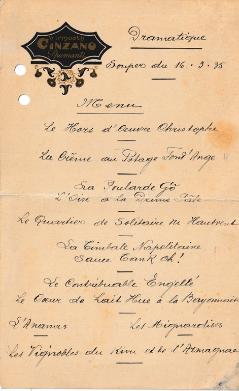 Menu du Souper de la Dramatique fossoise du 13 mars 1935