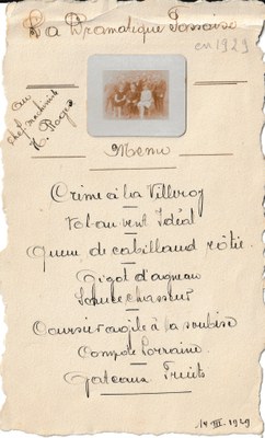 Menu du Souper de la Dramatique fossoise du 14 mars 1929