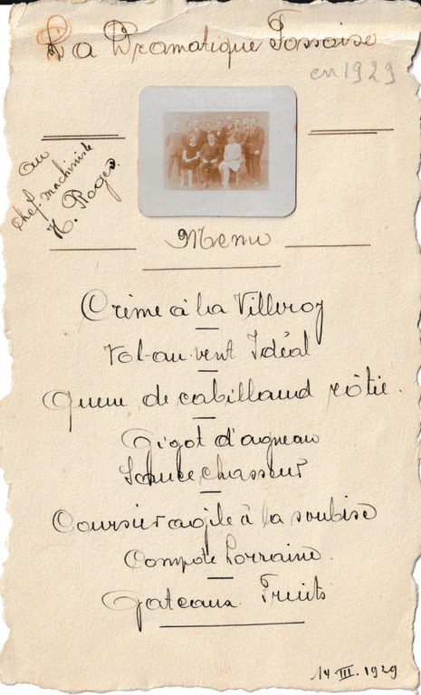 Menu du Souper de la Dramatique fossoise du 14 mars 1929