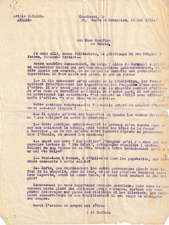 Courriers de 1935 concernant les pratiques liées à la procession aux baguettes