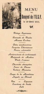 Menu du Banquet de l'USF le 29 avril 1933