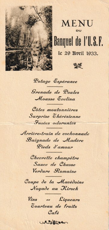 Menu du Banquet de l'USF le 29 avril 1933