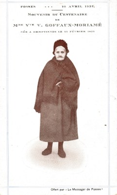 Photographie de la centenaire, Madame veuve Goffaux - Moriamé